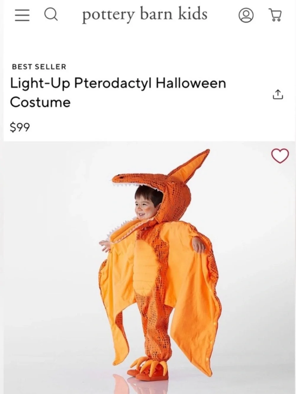 Pottery Barn Kids Light-Up Pterodactyl Costume Size 4/6 - Picture 1 of 5